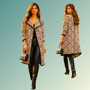 LUII ANTHROPOLOGIE Cream Brown Gold Jacquard Sweater Knit Wrap Open Coat Sz  L